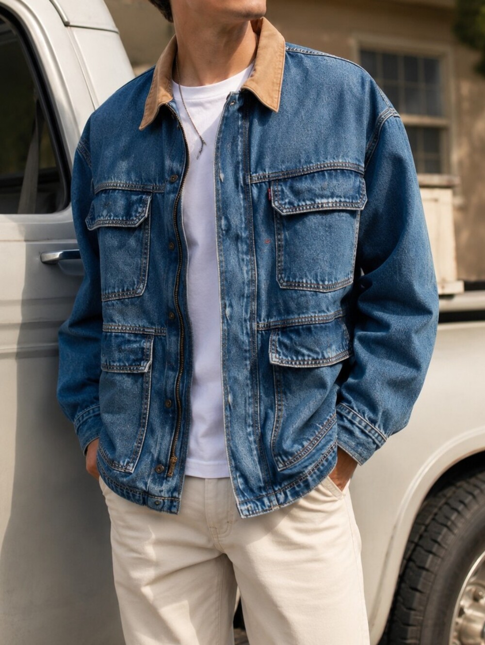 NWT Levi's Blue Denim Field Jacket Brown Collar Utility Trucker Coat Cotton